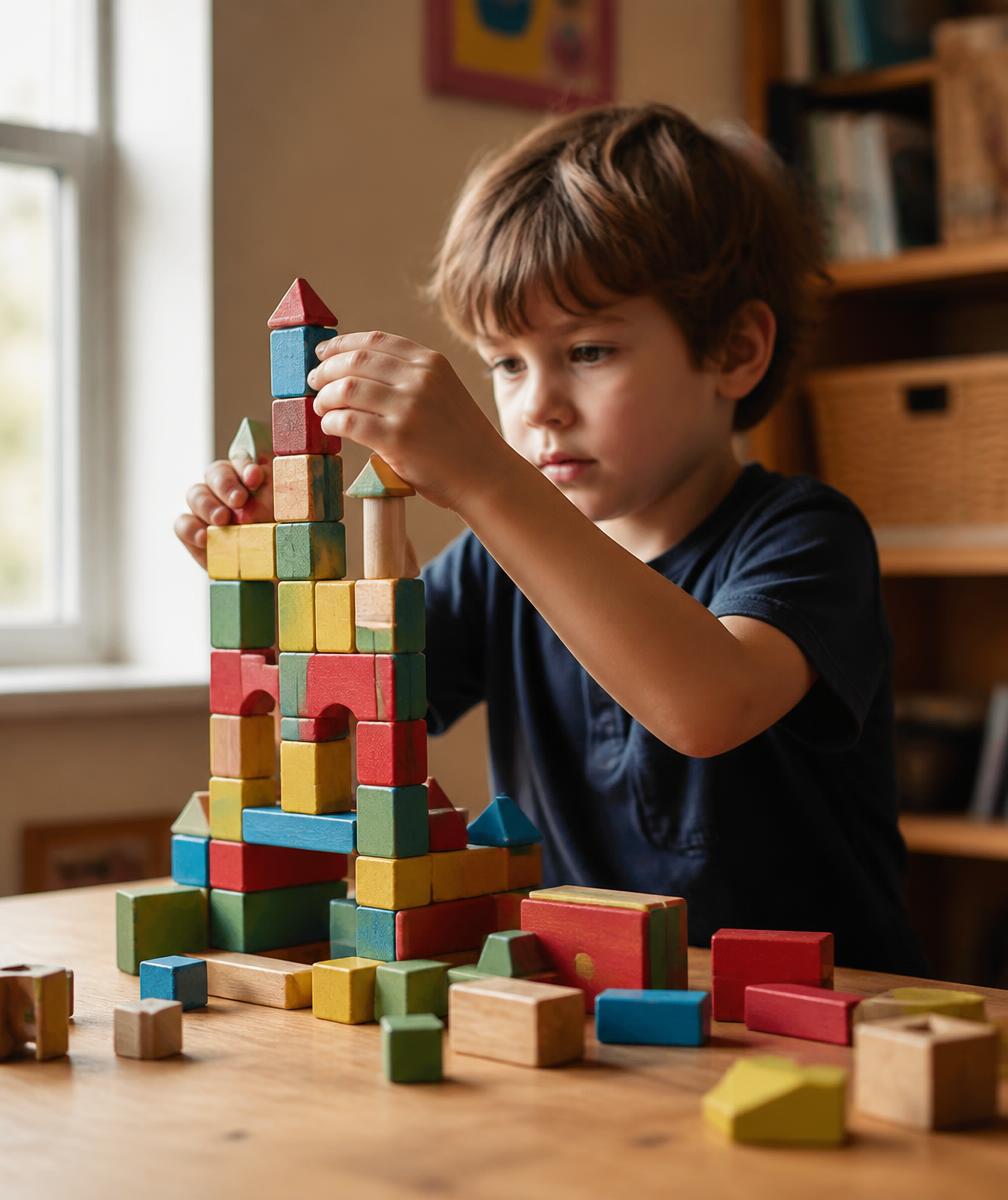 A child focused on building a colorful block structure at a sunny table
