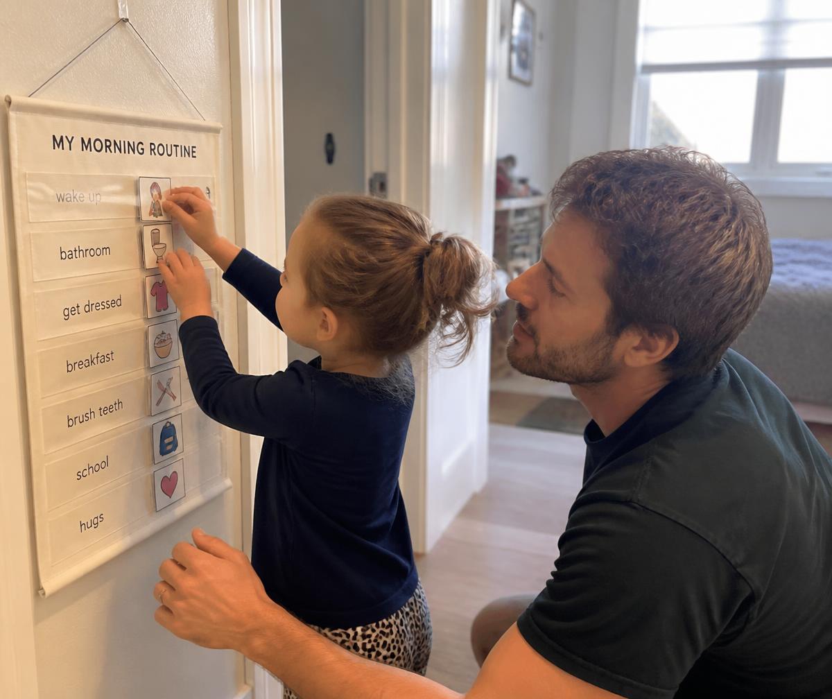 A parent and child working through a morning routine chart together